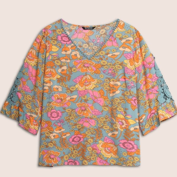 BloomChic Plus Size XL Boho Print Guipure Lace Ruffles Blouse us14-16 - Picture 6 of 8